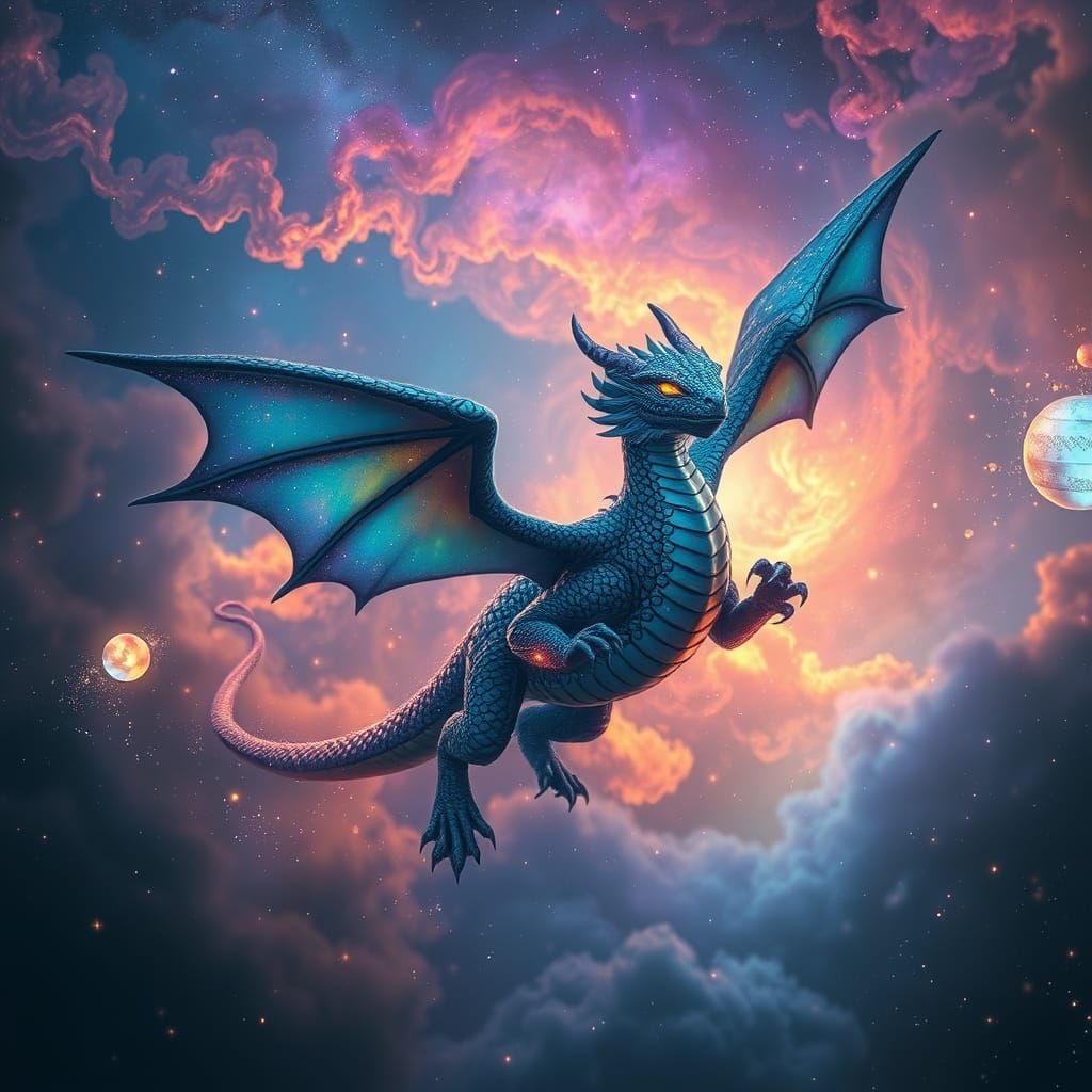 Bioluminescent Dragon Soaring Through a Nebula
