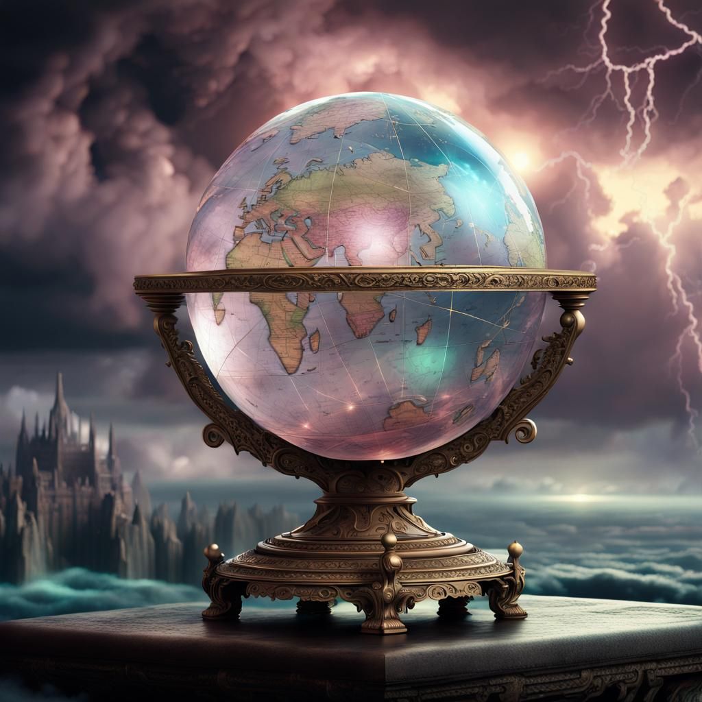 Fantasy World Globe Map in Crystal Ball Sculpture