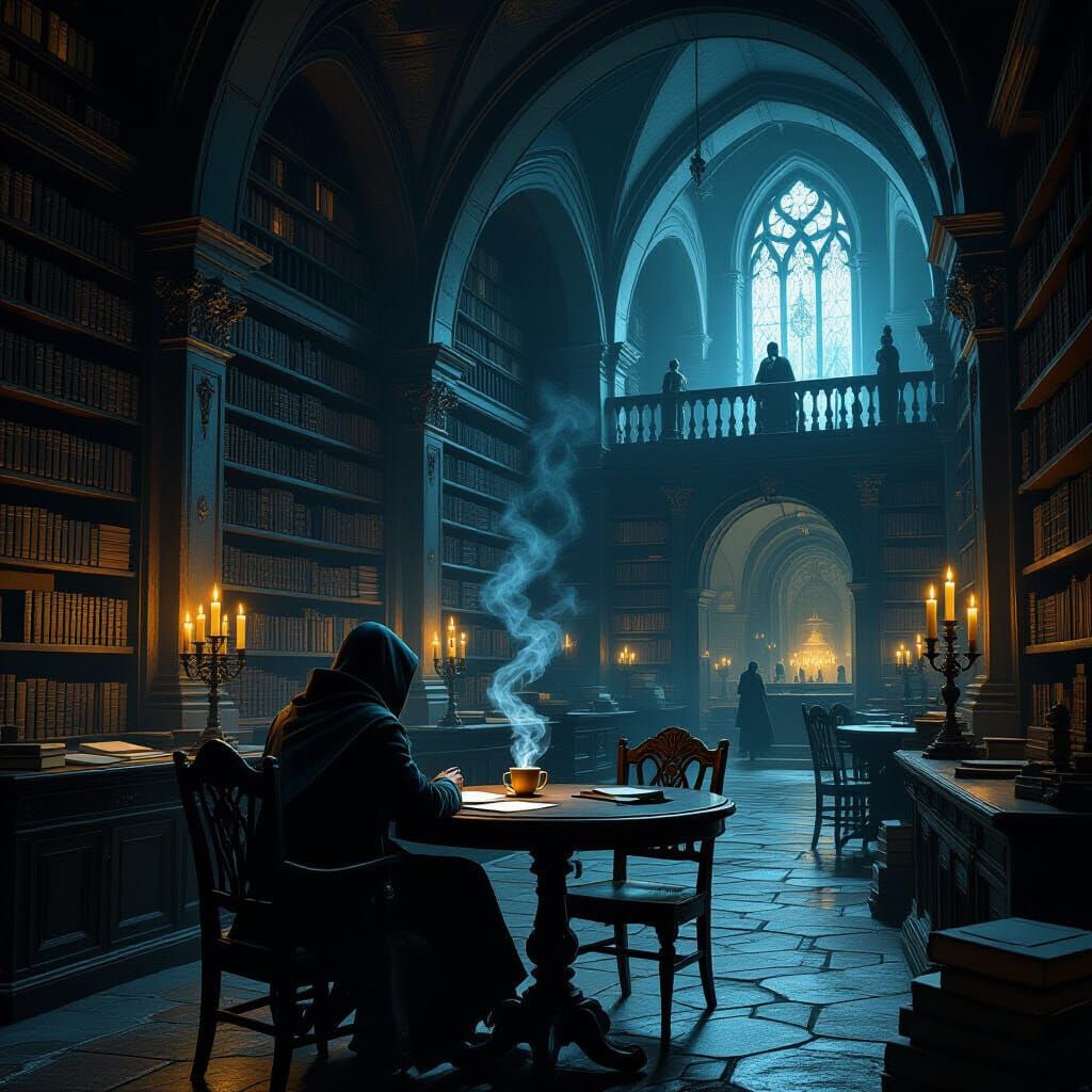 Mysterious Traveler in Ancient Library Coffee Shop