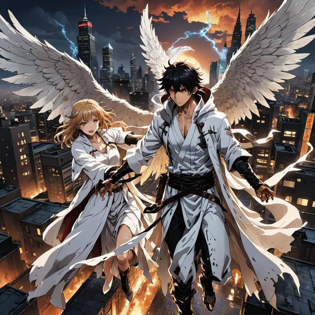 Angel and Demon Battle on Rooftop, Anime Style