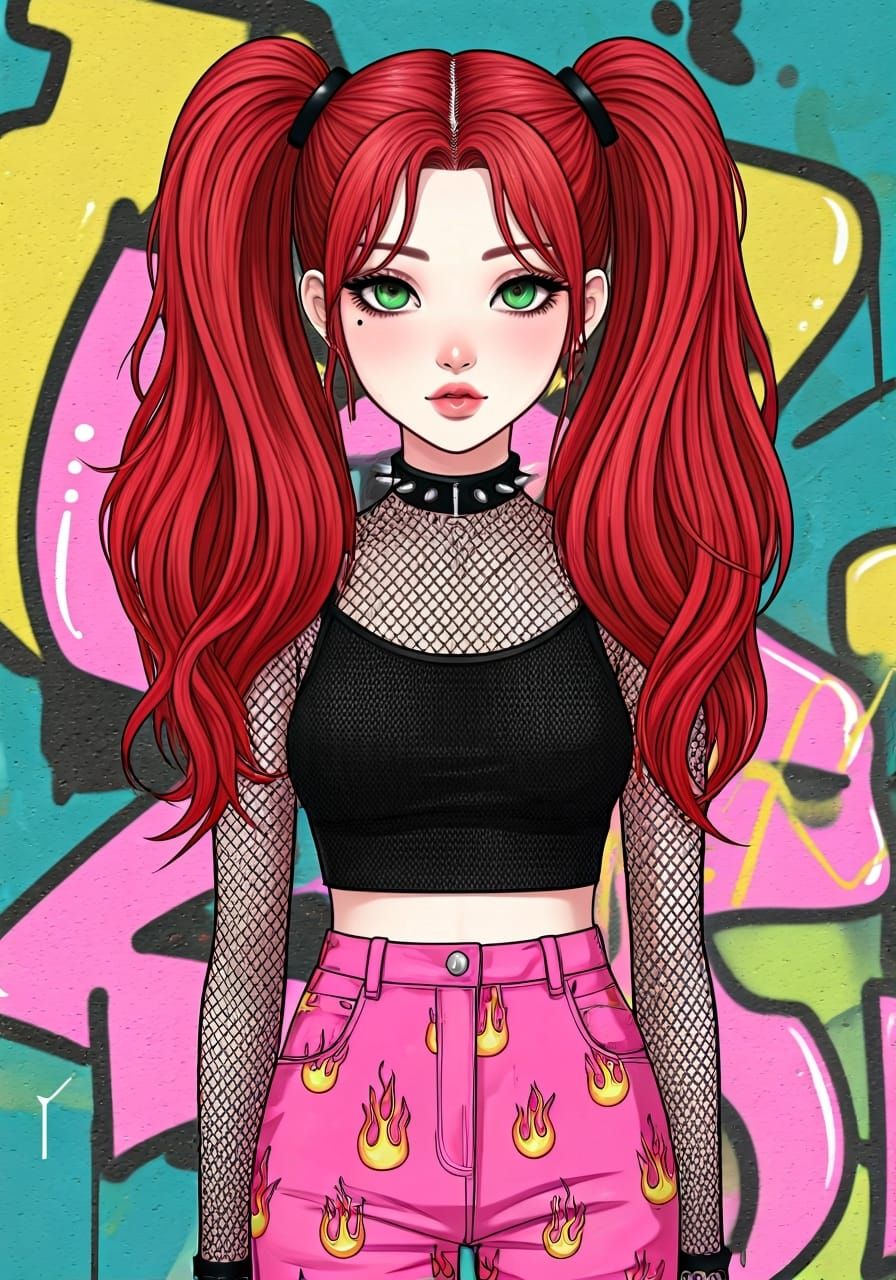 Korean Woman in Graffiti Scene: Shoujo Anime Style