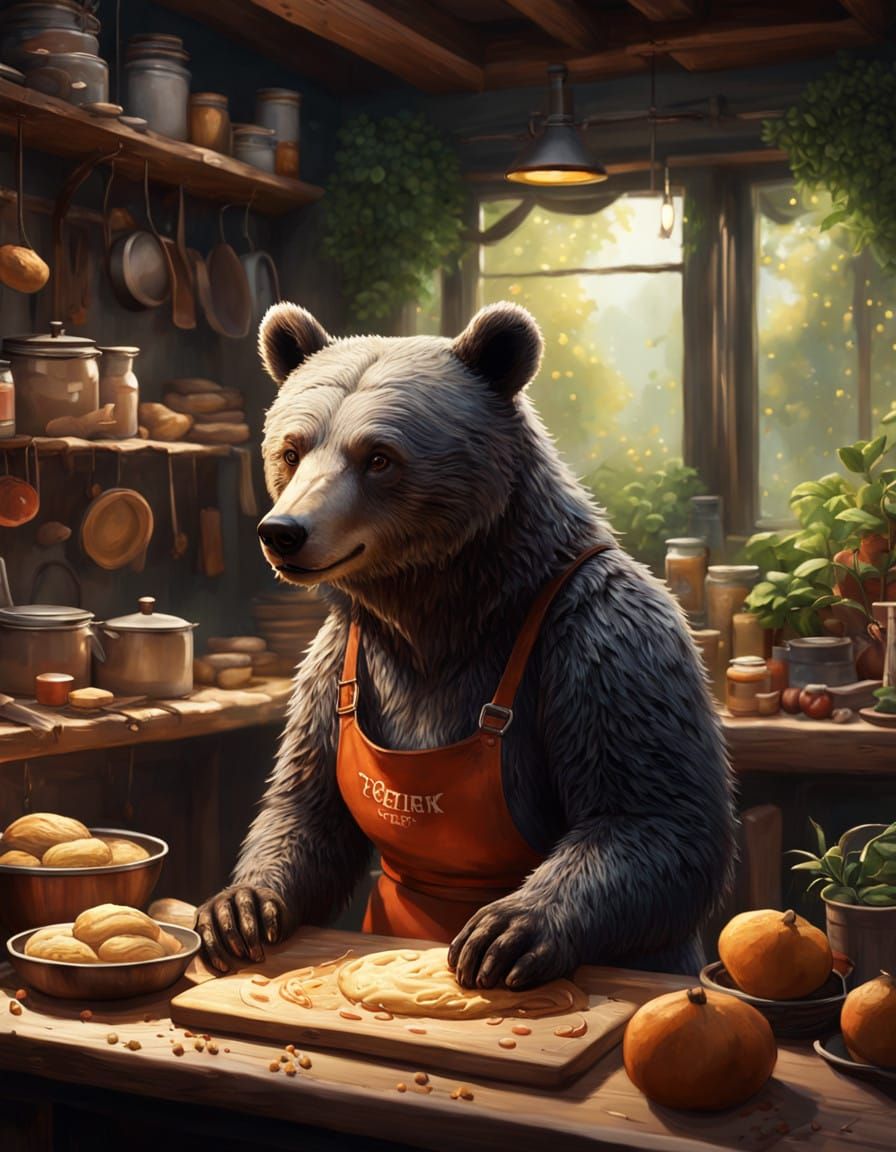 Gentle Grey Bear in Earthy Apron, Whimsical Bakery Scene