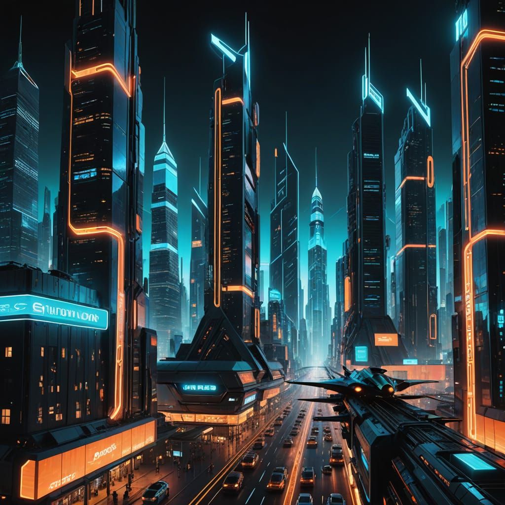 Neon Cyberpunk Cityscape with Flying Vehicles