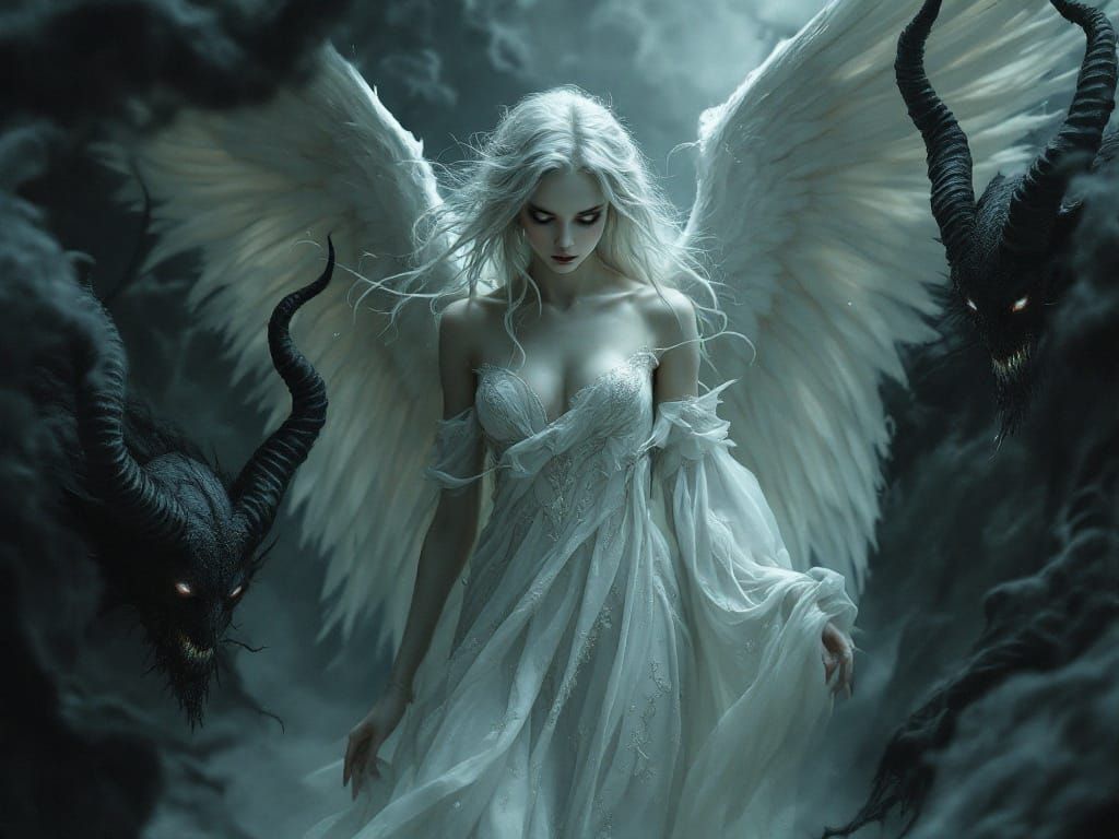 Gothic Angel Surrounded by Dark Demons in a Haunting, Dreaml...