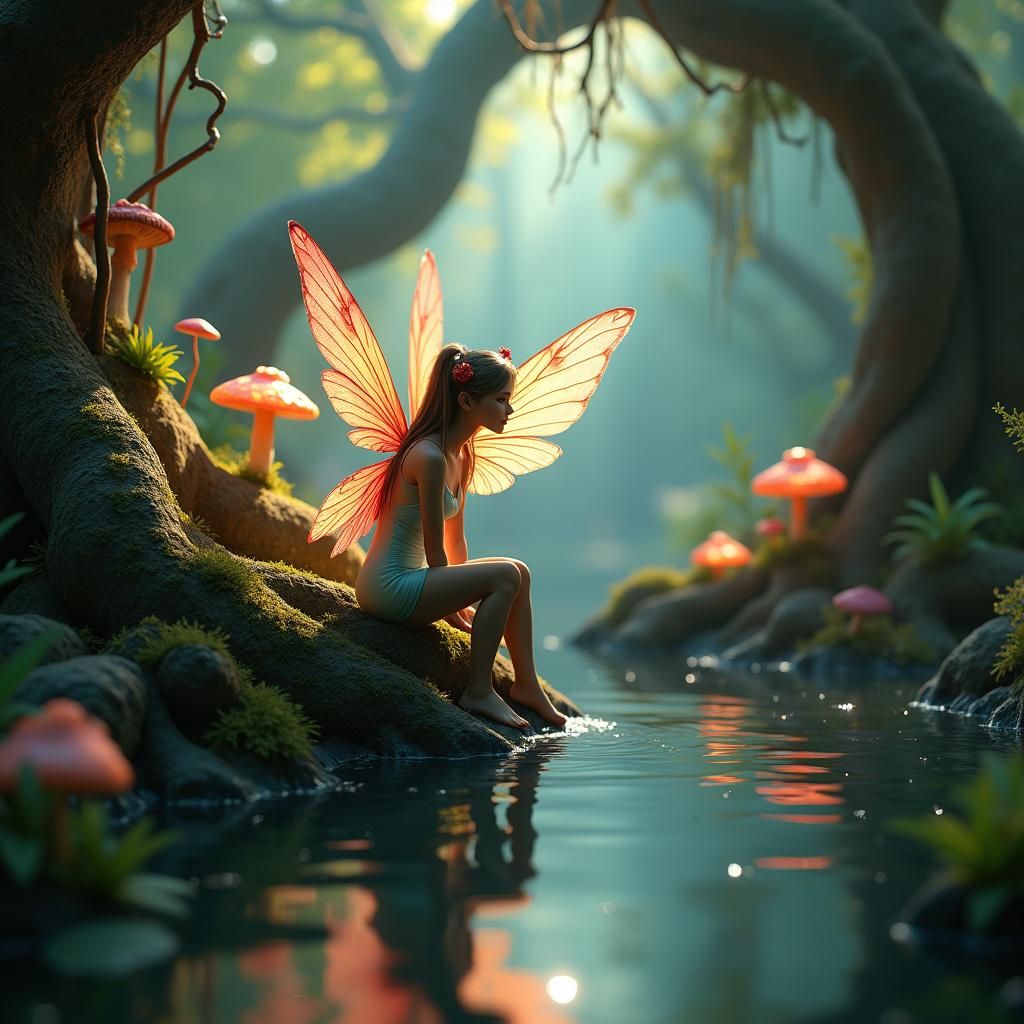 Fairy with Iridescent Wings in Fantasy Landscape