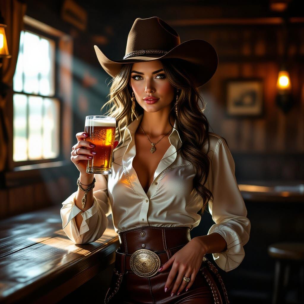 Glamorous Cowgirl in Saloon, Hyper-Realistic Photorealism