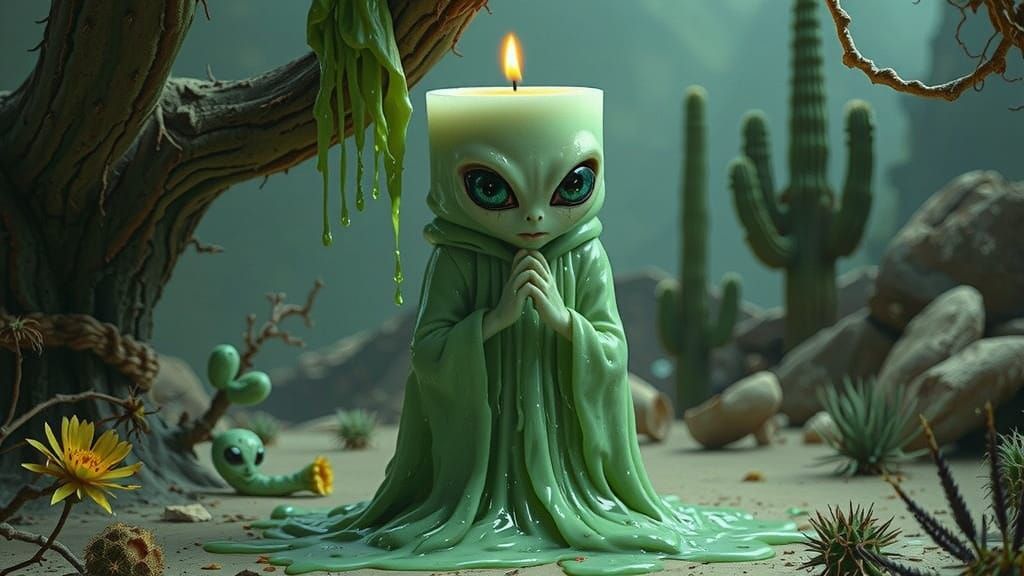 Melting Alien Candle in Surreal Desert Landscape