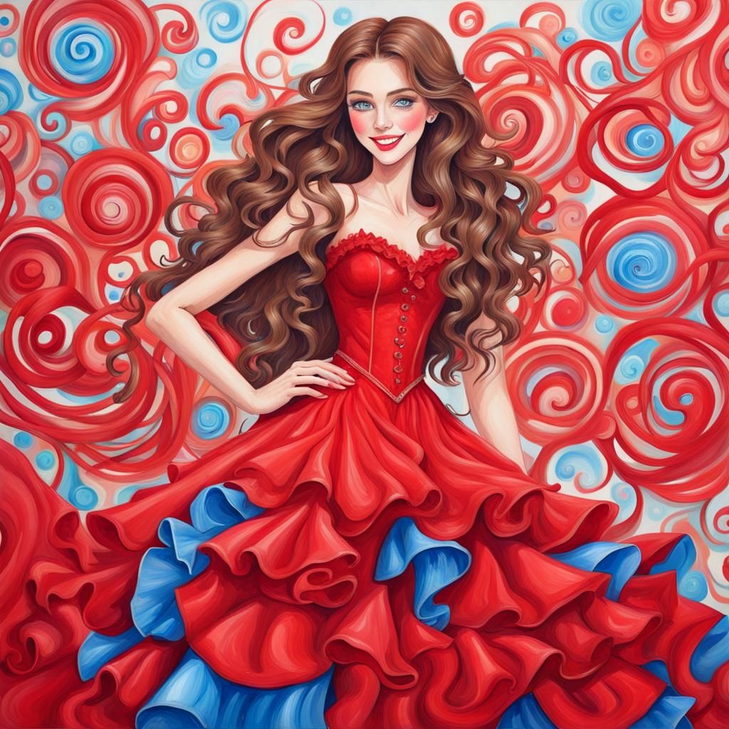Teen in Red Gown in Candyland Gouache Swirls