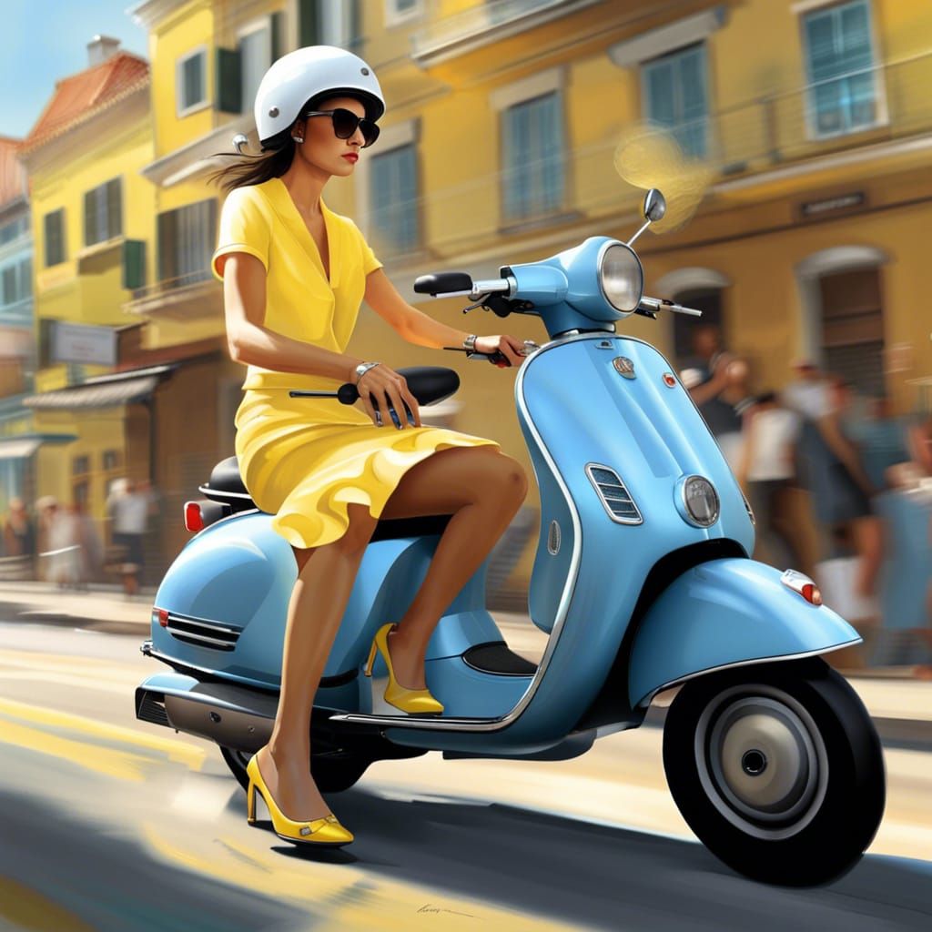 Woman on Blue Vespa in Hyperrealistic Splash Art