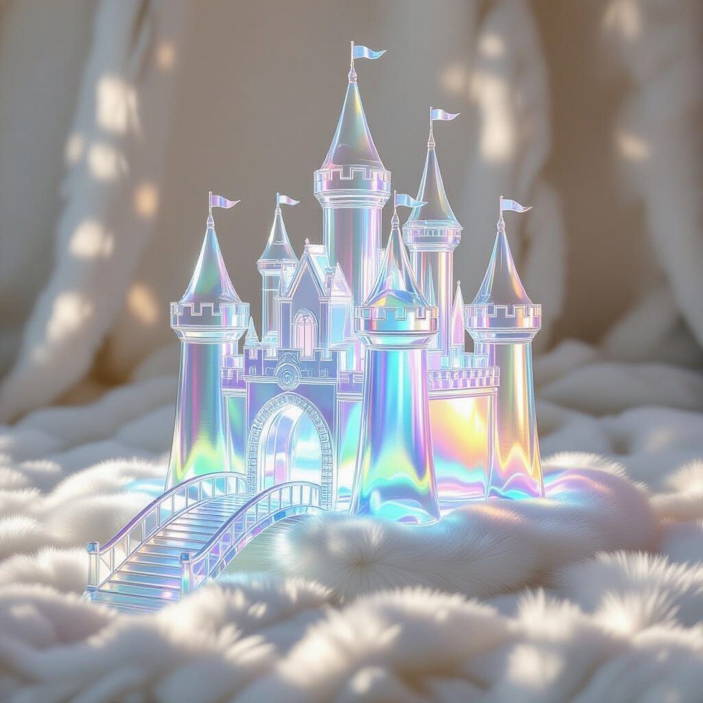Iridescent Glass Castle Sculpture in Hyperrealistic 3D