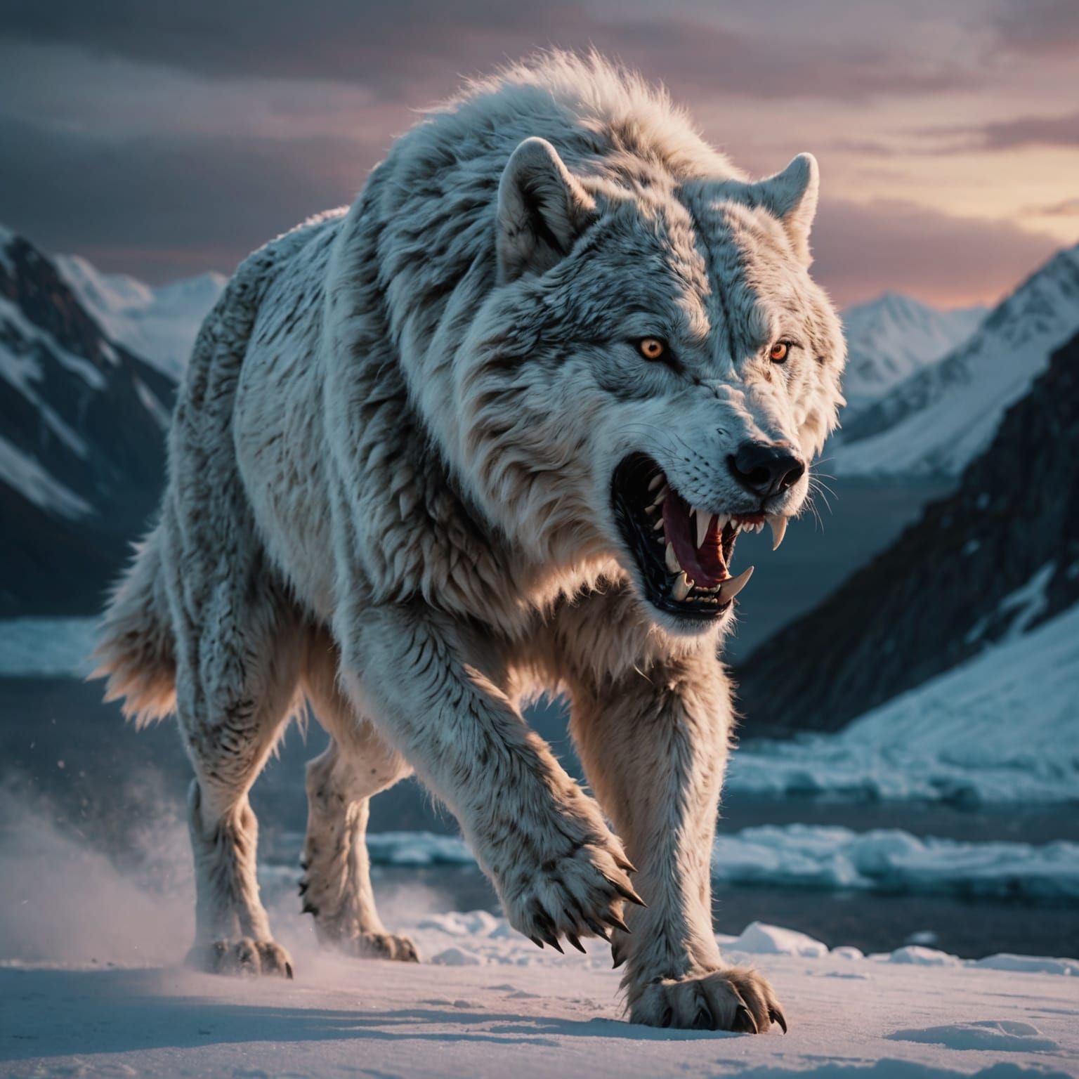 Hyperrealistic Dire Wolf Running in Arctic Dusk