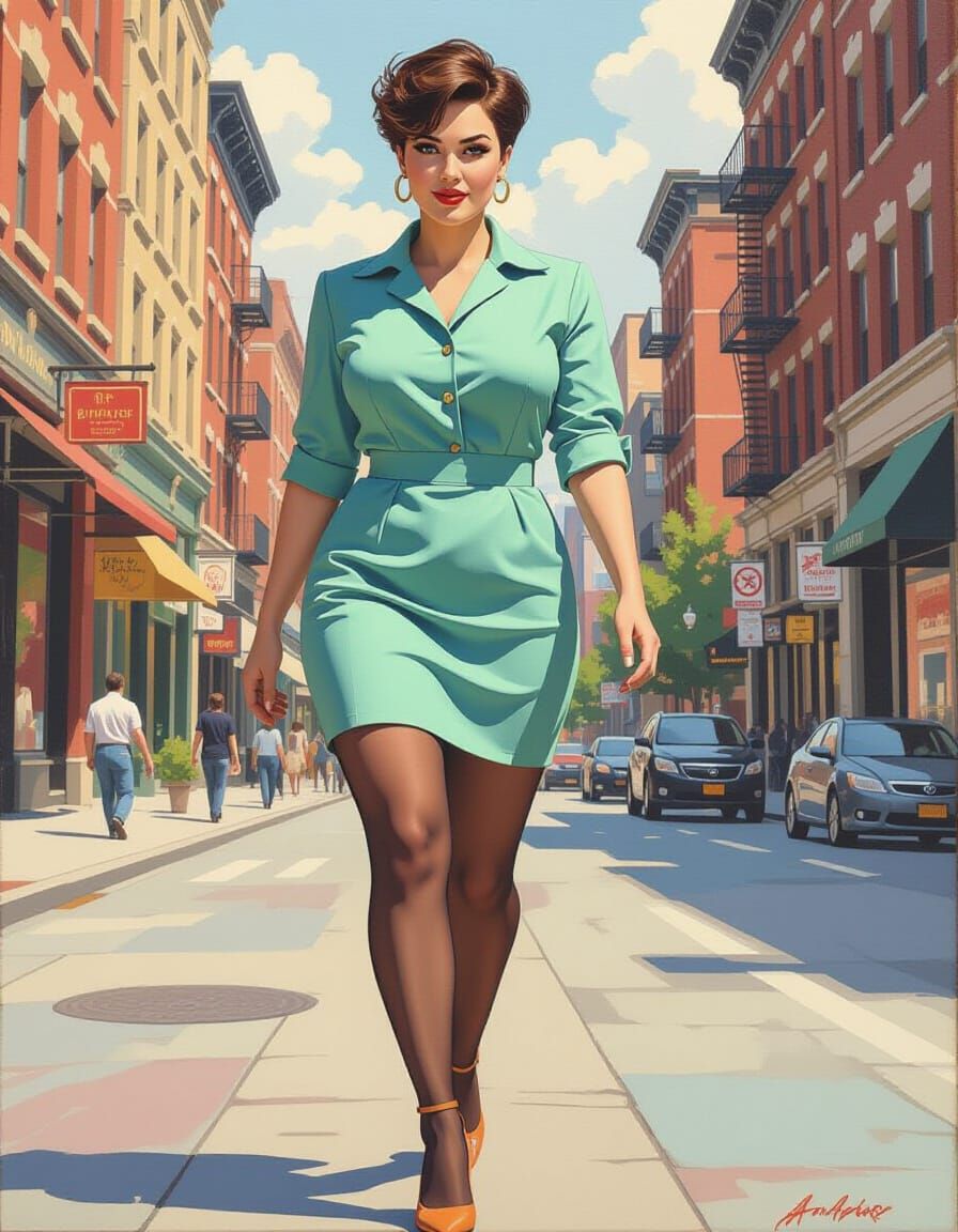 European Woman Walking in City, Oil Gouache Style