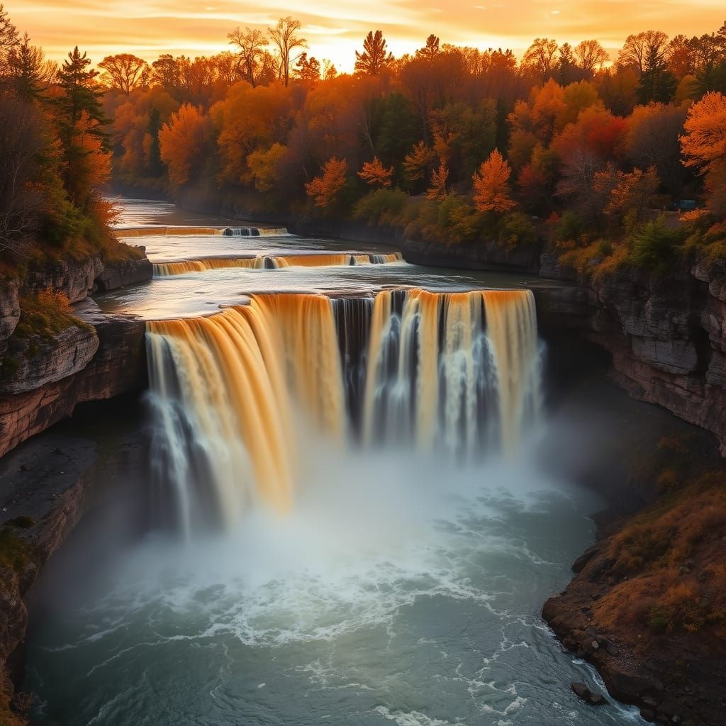 Golden Waterfall in Autumn Sunset