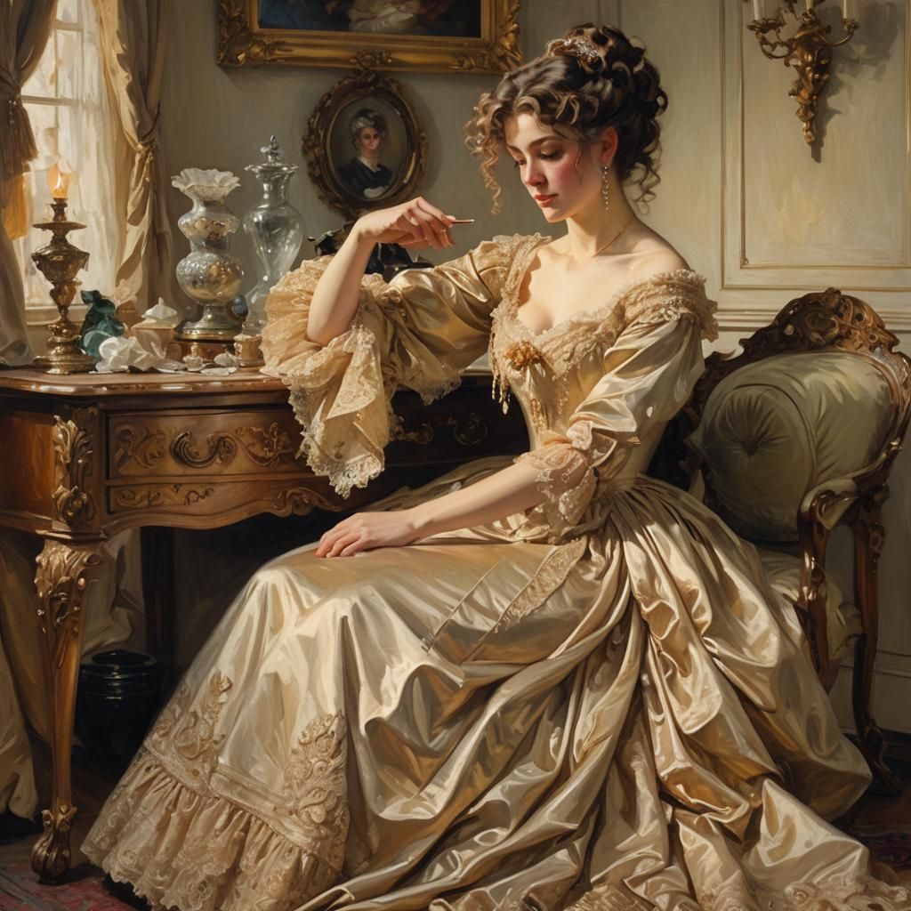 Victorian Woman at Dresser in Oil Painting Style