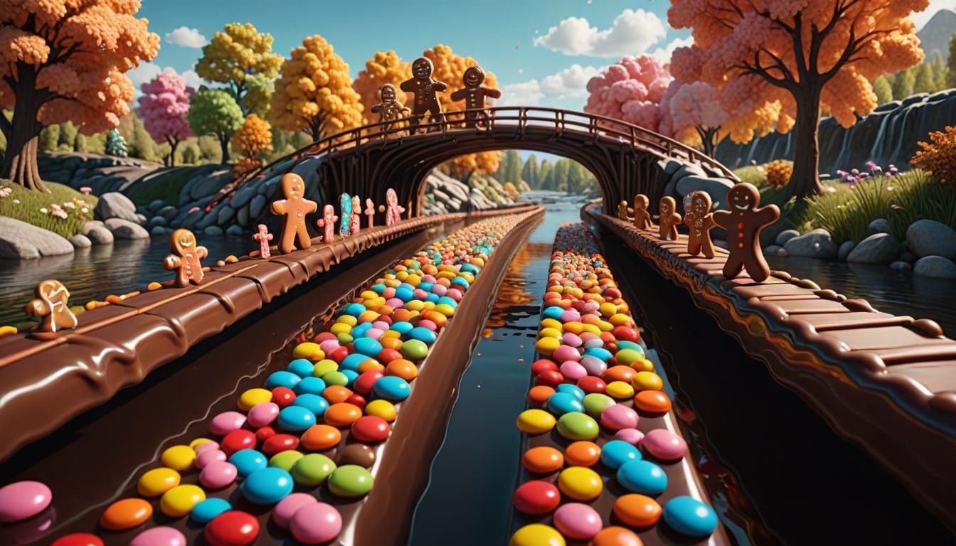 Surreal Candy Bridge Over Chocolate River in Hyperrealist St...