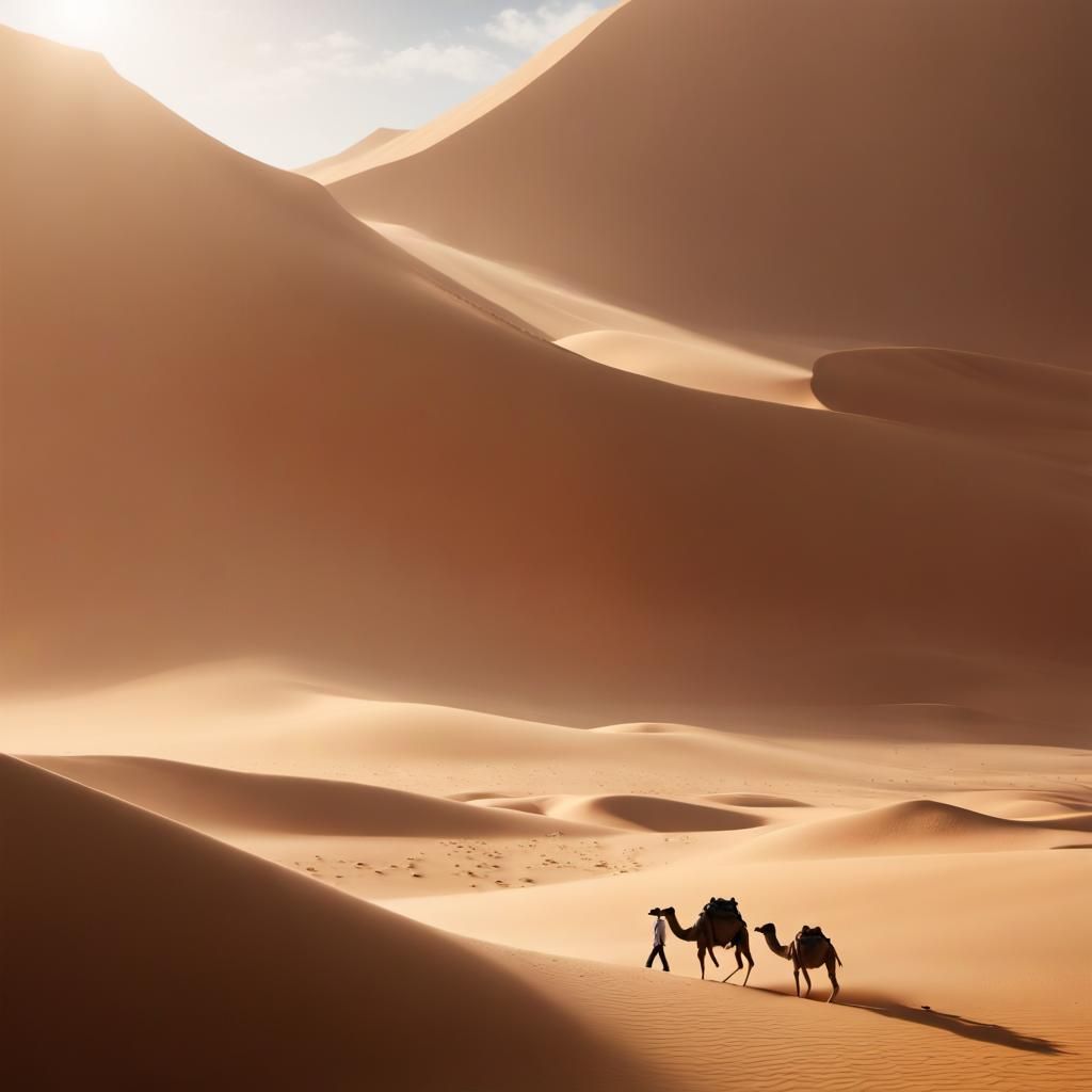 Epic Desert Scene with Camel in Dark Fantasy Style