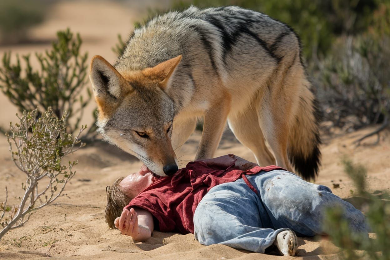 Coyote Licks Wounds of Dying Person in Desolate Desert