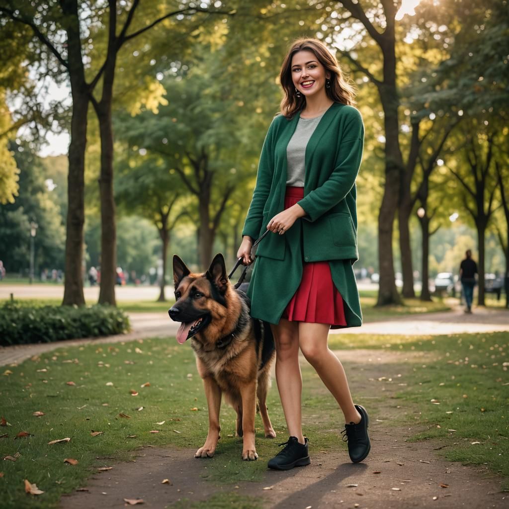 Beautiful Woman Walking Dog in Park: Photography