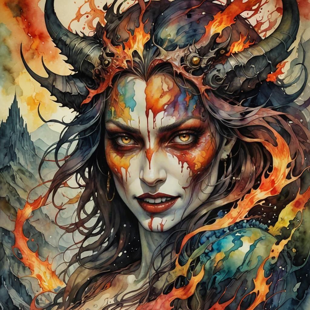 Seductive Demon in Hellish Watercolor Landscape