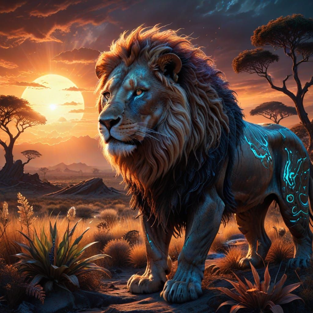 Majestic Lion on Alien Savanna Under Binary Sunset
