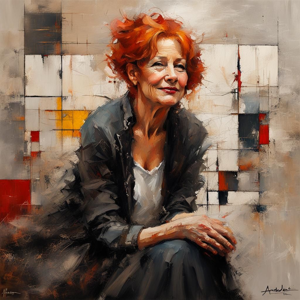 Joyful Red-Haired Woman in Mondrian-Inspired Detailed Painti...