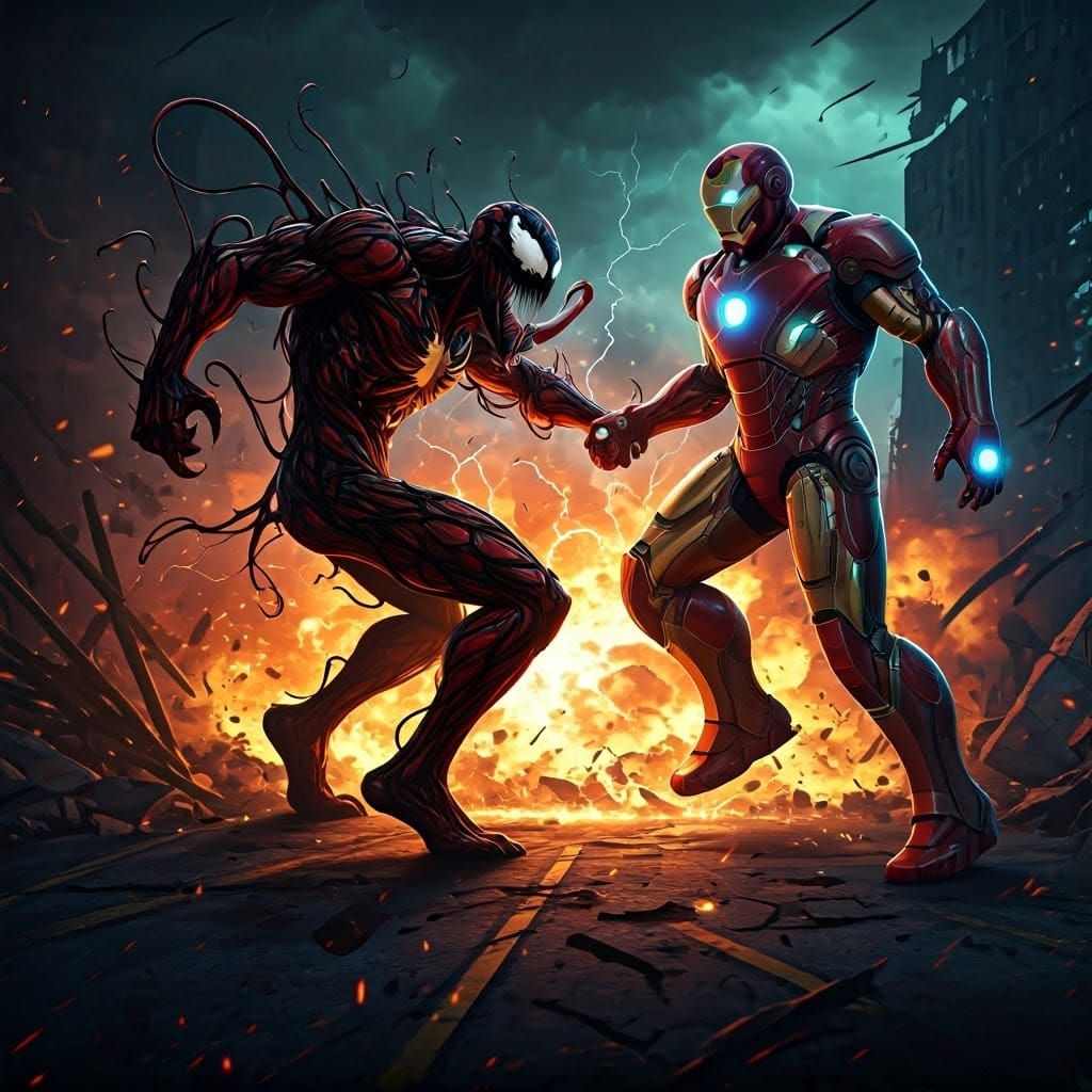 Carnage and Iron Man: Dramatic Battle in Unreal Engine Style