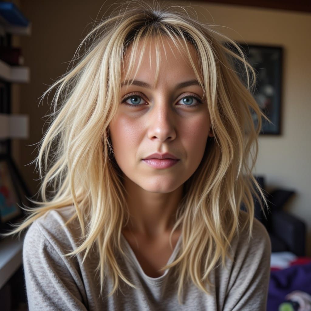 Sleepy Blonde Girl Yawning in Bedroom
