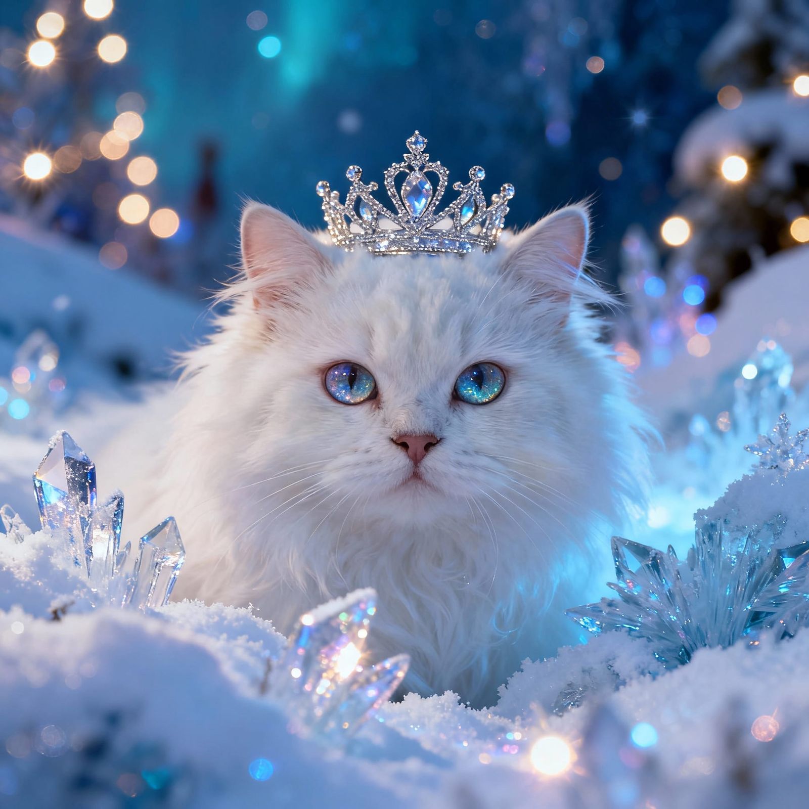 Fluffy Cat in Snowy Wonderland with Crown