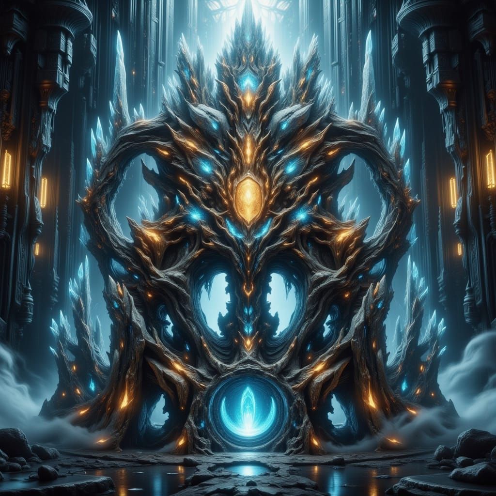 Ancient Biomechanical Oracle in Cyberpunk Aesthetic