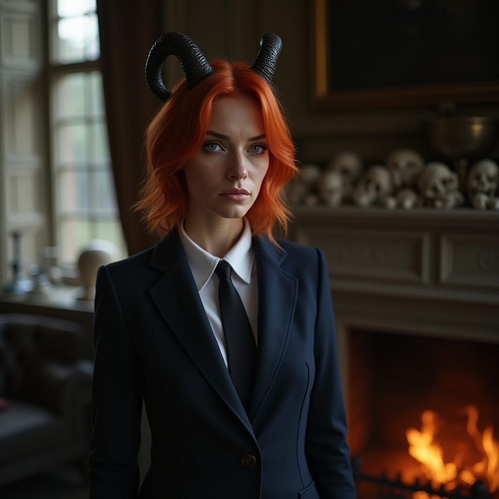 Hyperrealistic Photo of a Red-Haired Woman with Horns