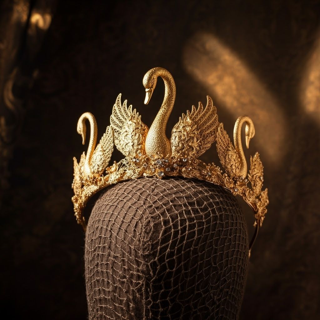 Handcrafted Golden Tiara with Swans on Medieval Dress Form