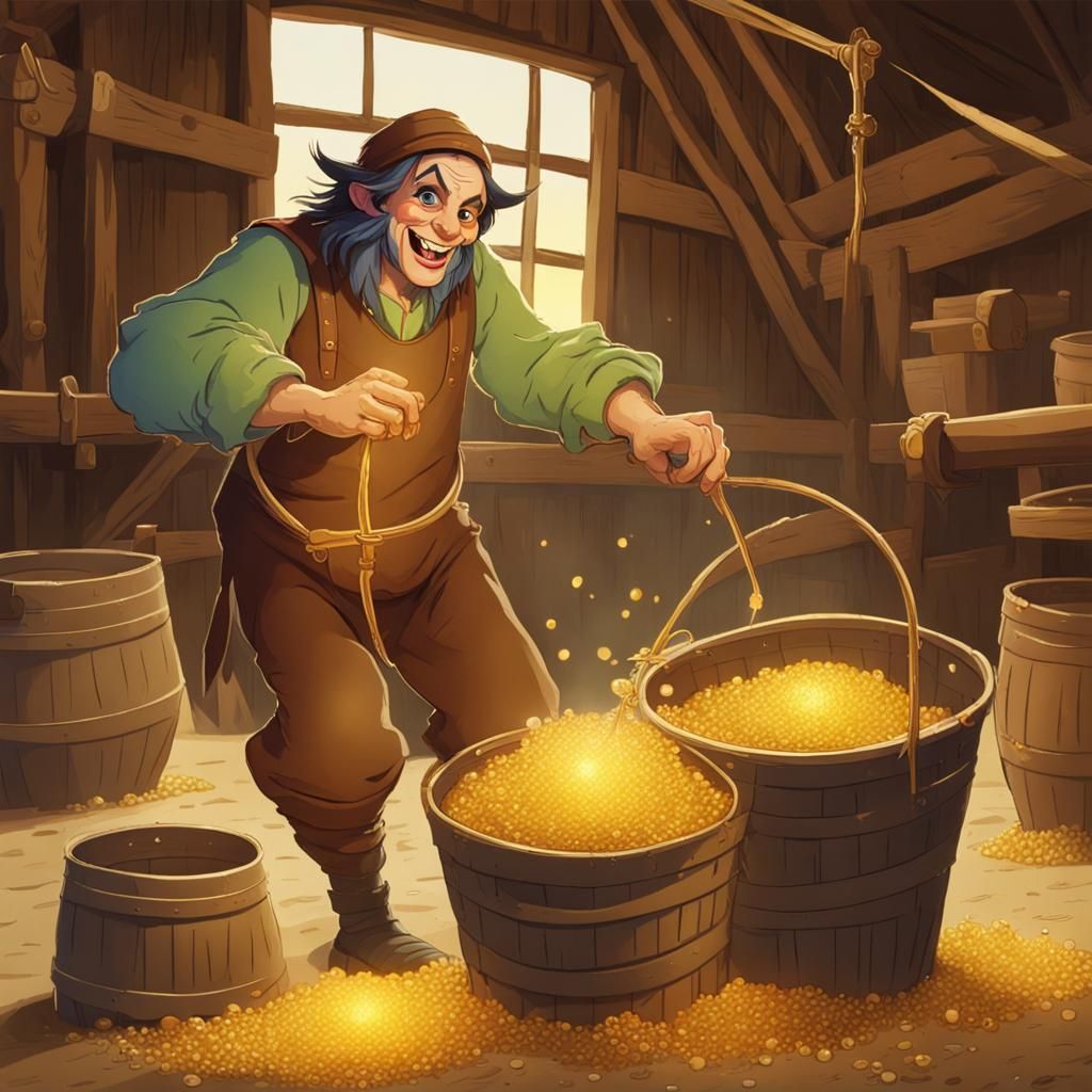 Colorful Imp Rumpelstiltskin Spins Gold in Barn
