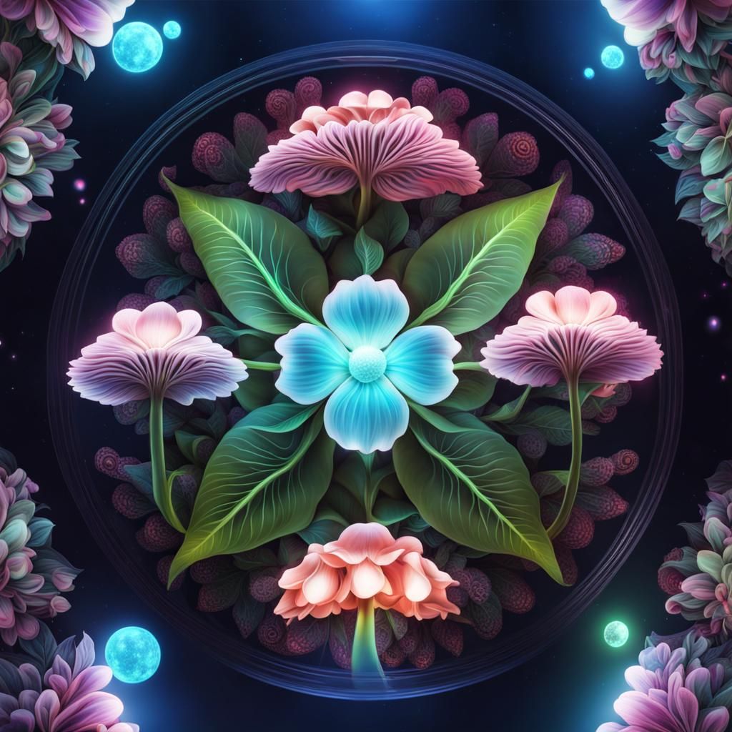 Glowing Flower in Space Galaxy, Surreal 3D Art
