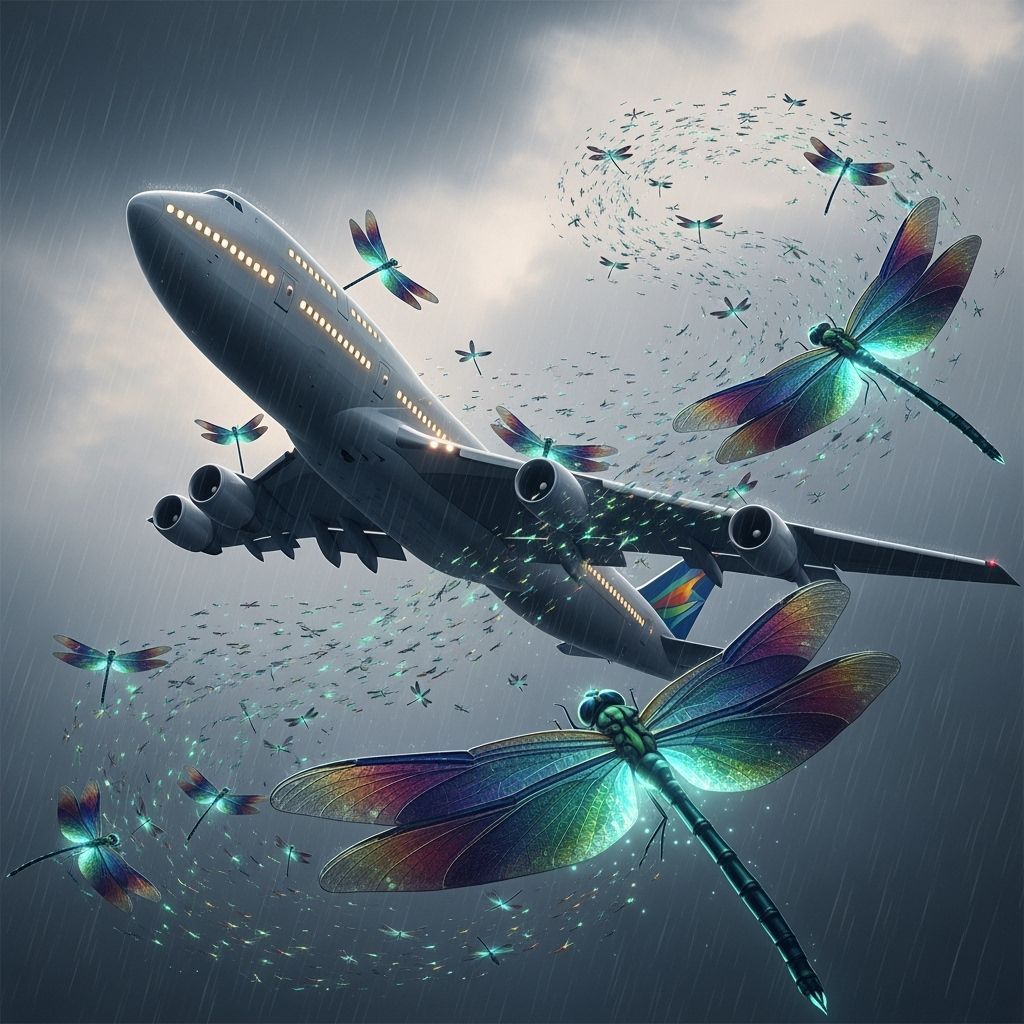 Boeing 747 Soaring with Bioluminescent Dragonflies