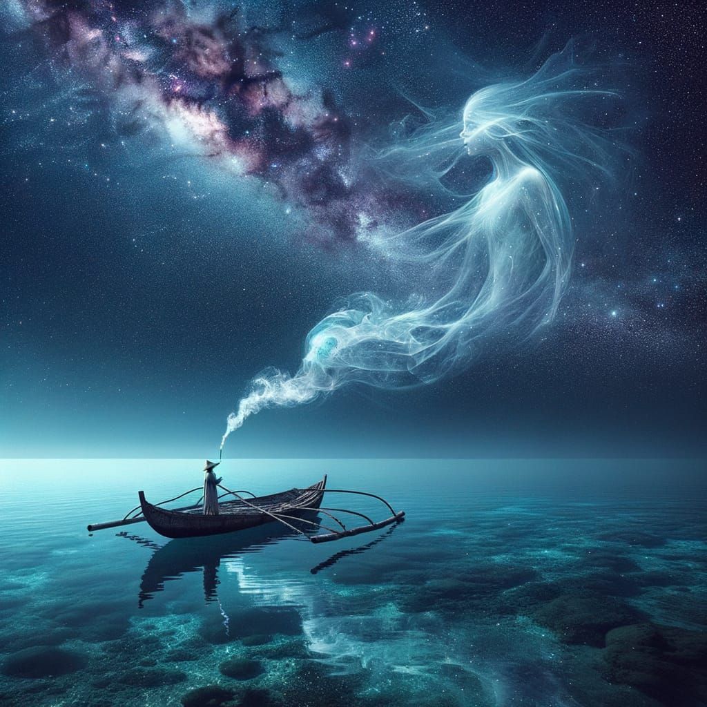 Magical Mermaid Emerges from Fisherman's Pipe in Starry Sea