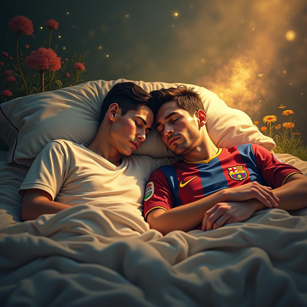 Ronaldo and Messi Asleep in Dreamlike Fantasy