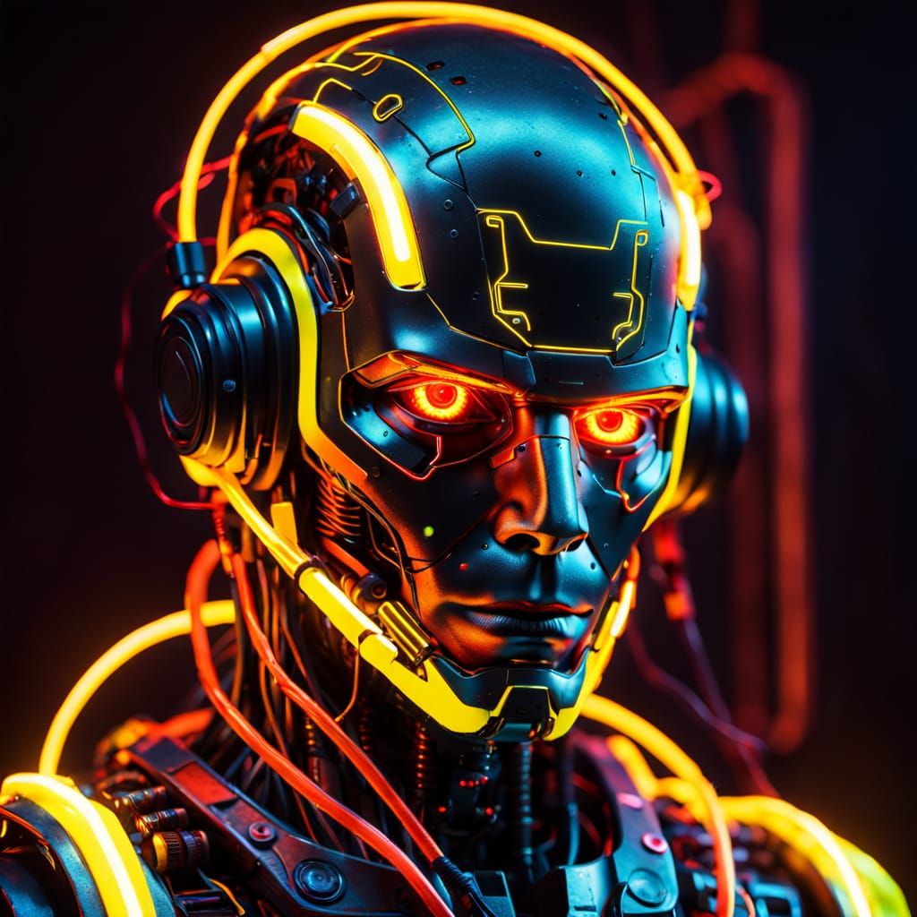 Portrait of a robotic man with: glowing yellow eyes
