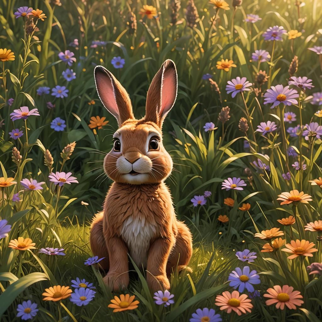 Brown Bunny in Grass, Pixar-style 3D Art