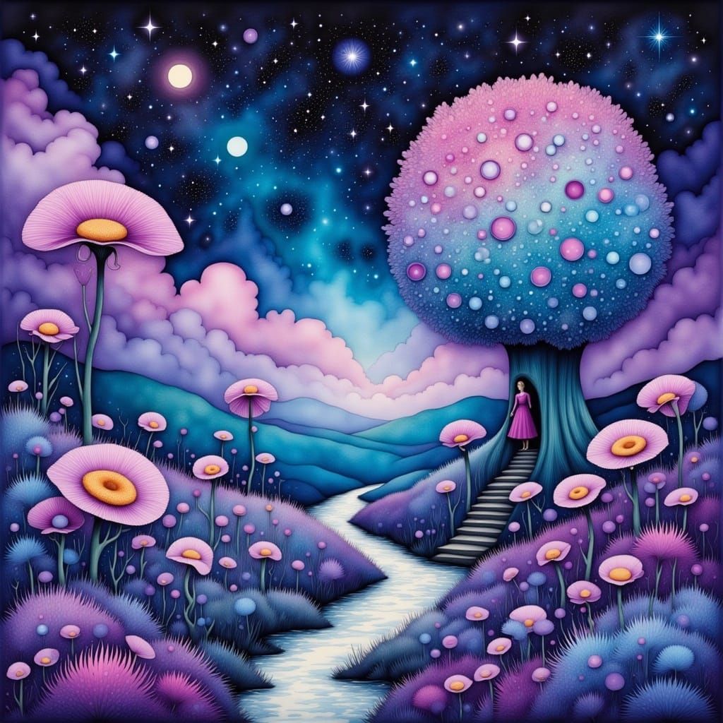 Surreal Wonderland Landscape in Liquid Ink Style