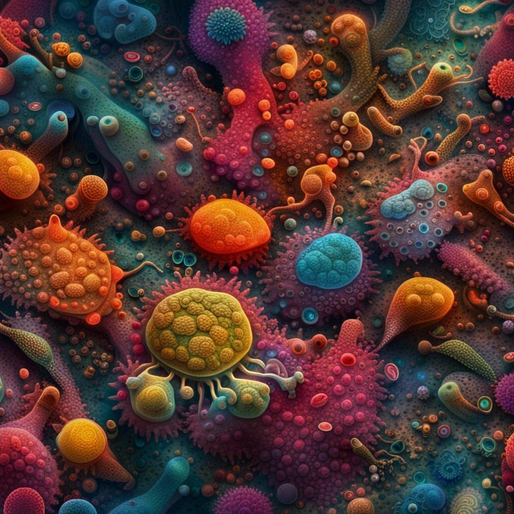 Colorful Amoebas Seen Through Microscope