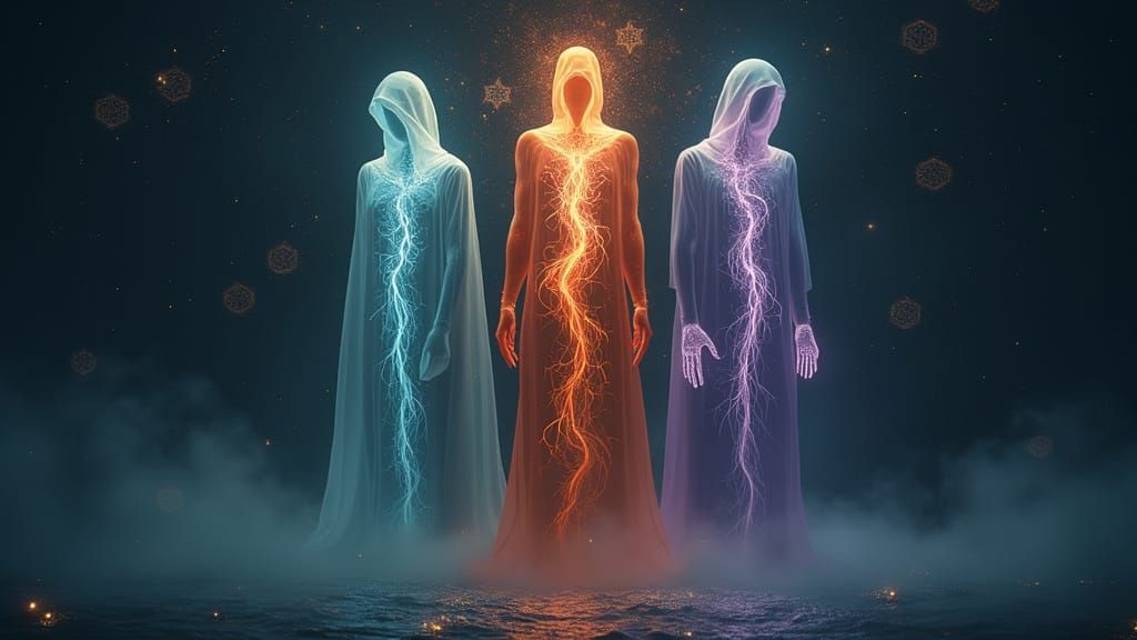 Three Abstract Figures Radiate Energetic Glow in Mysterious ...