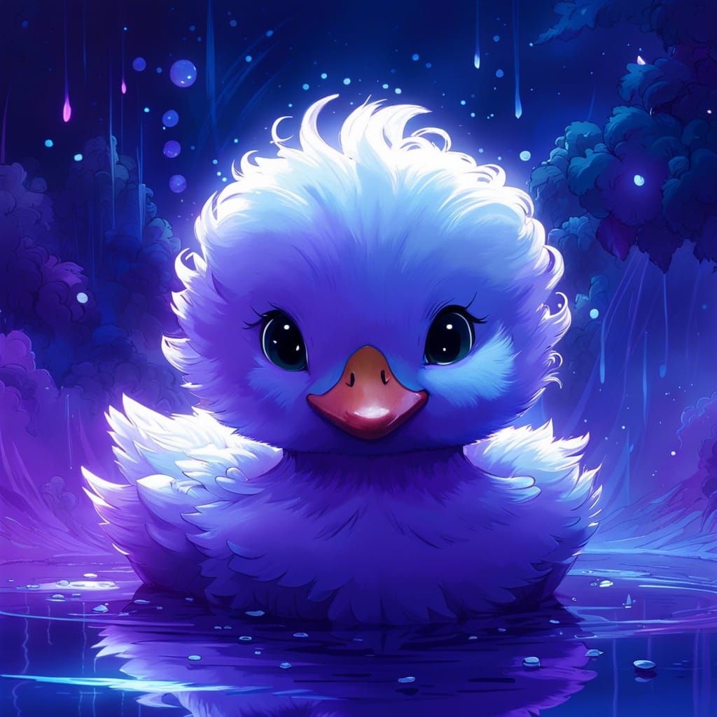 Cute Chibi Swan on Bioluminescent Lake