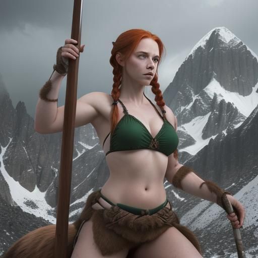 Redhead Woman Riding Grizzly Bear in Mountains