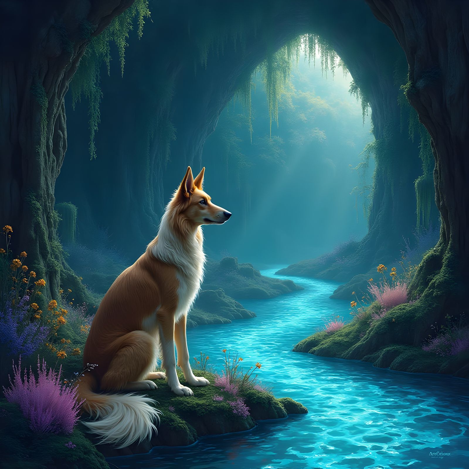 Borzoi in Bioluminescent Cave, Art Nouveau Style