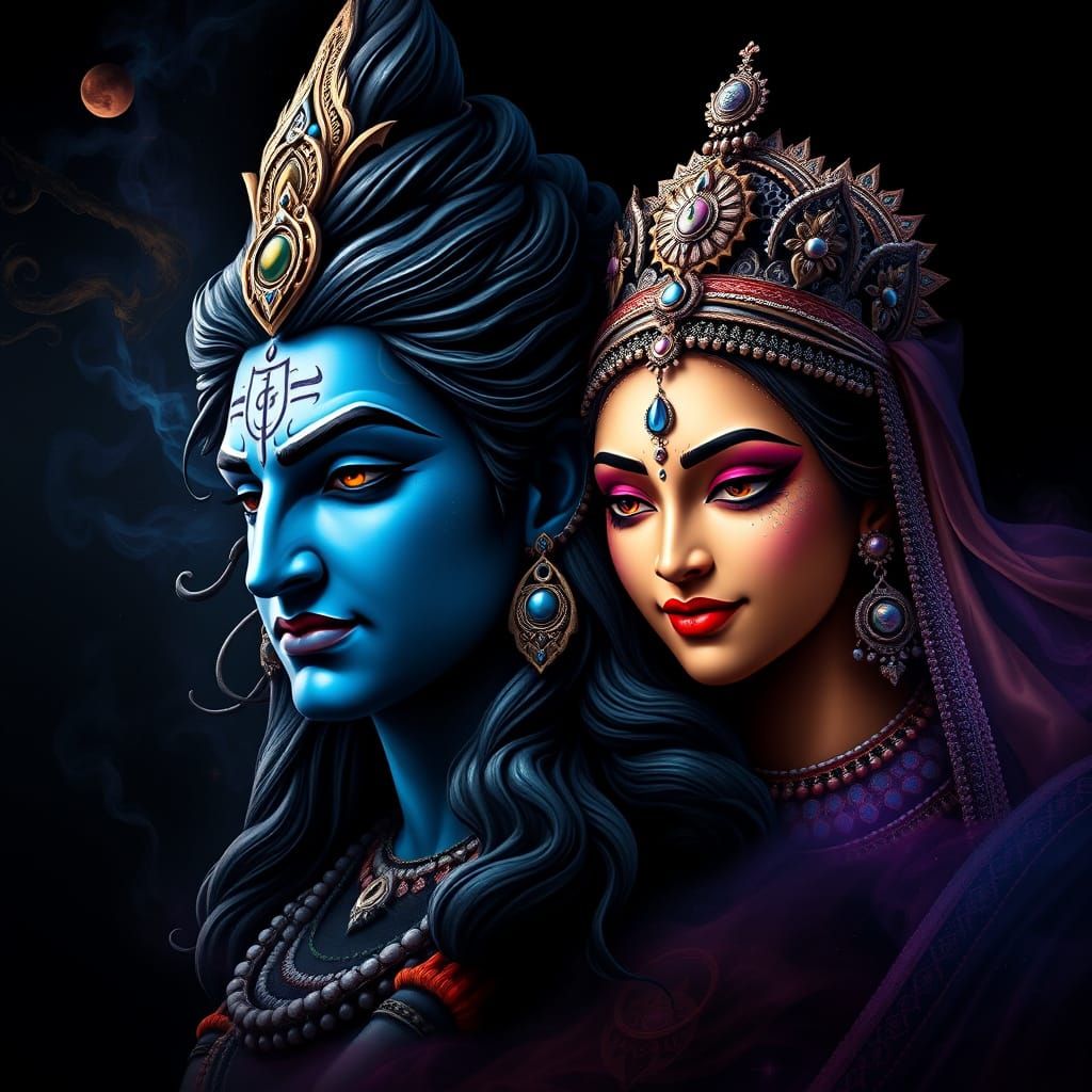 Ethereal Lord Shiva and Maa Parvati Portrait in Cosmic Color...