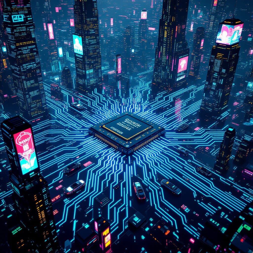Cyberpunk Cityscape Resembling a Giant Motherboard