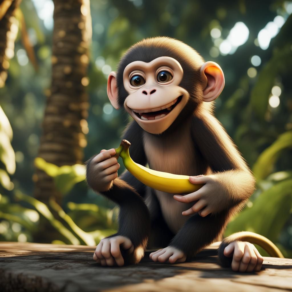 Smiling Monkey Eating Banana in 3D Style