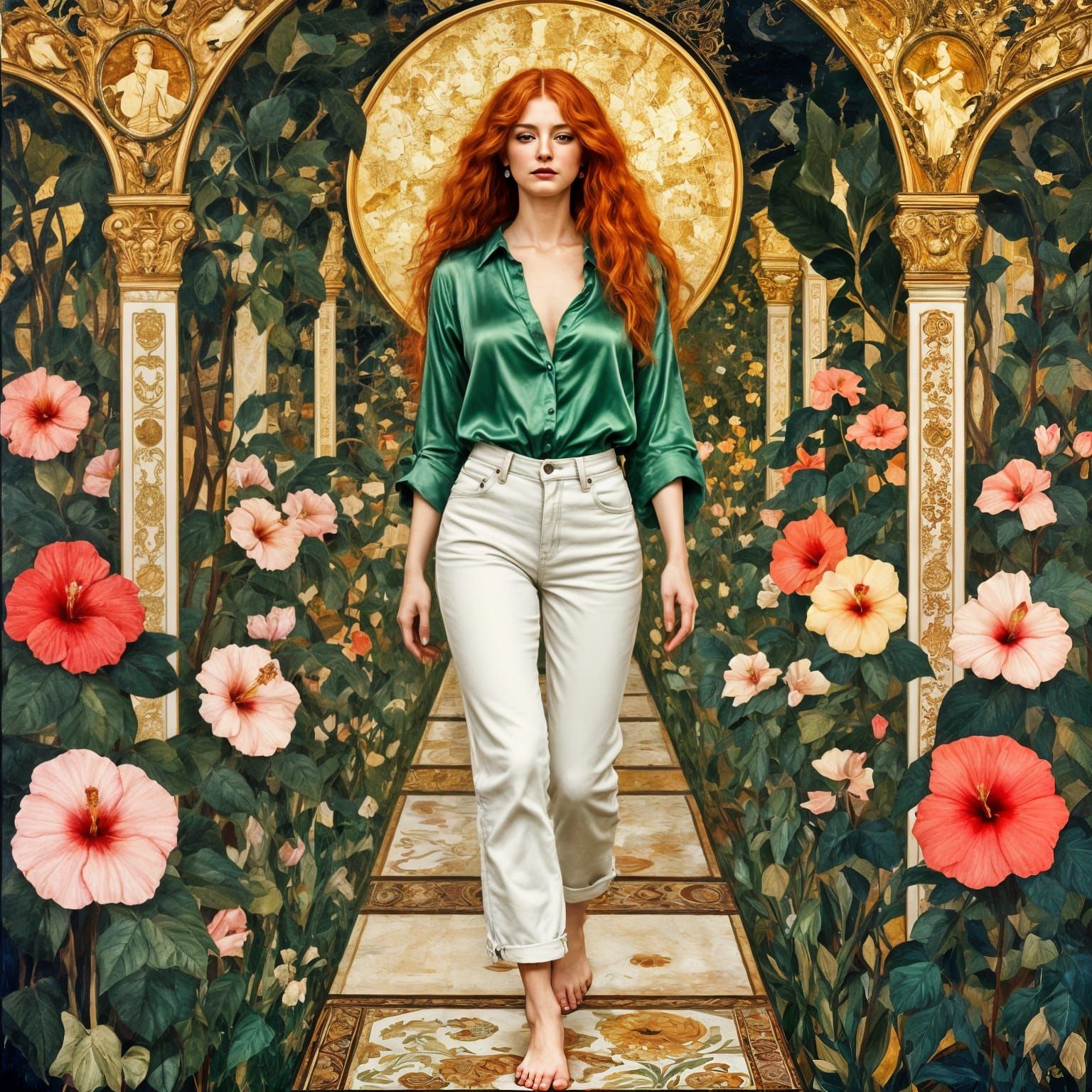 Red-Haired Woman in Garden, Klimt-Inspired Art