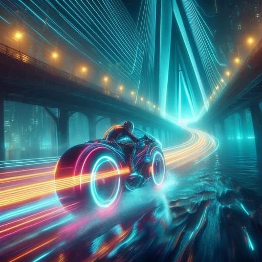 Futuristic Cyberpunk Motorcycle Speeds Across Glowing City B...
