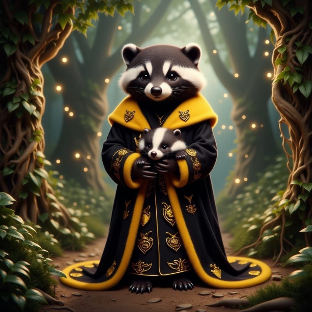 Regal Helga Hufflepuff in Luxurious Black and Yellow Robes